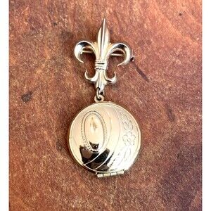 Dangle Locket Brooch Pin with Photos Fleur Di Lis Vintage Costume Jewelry